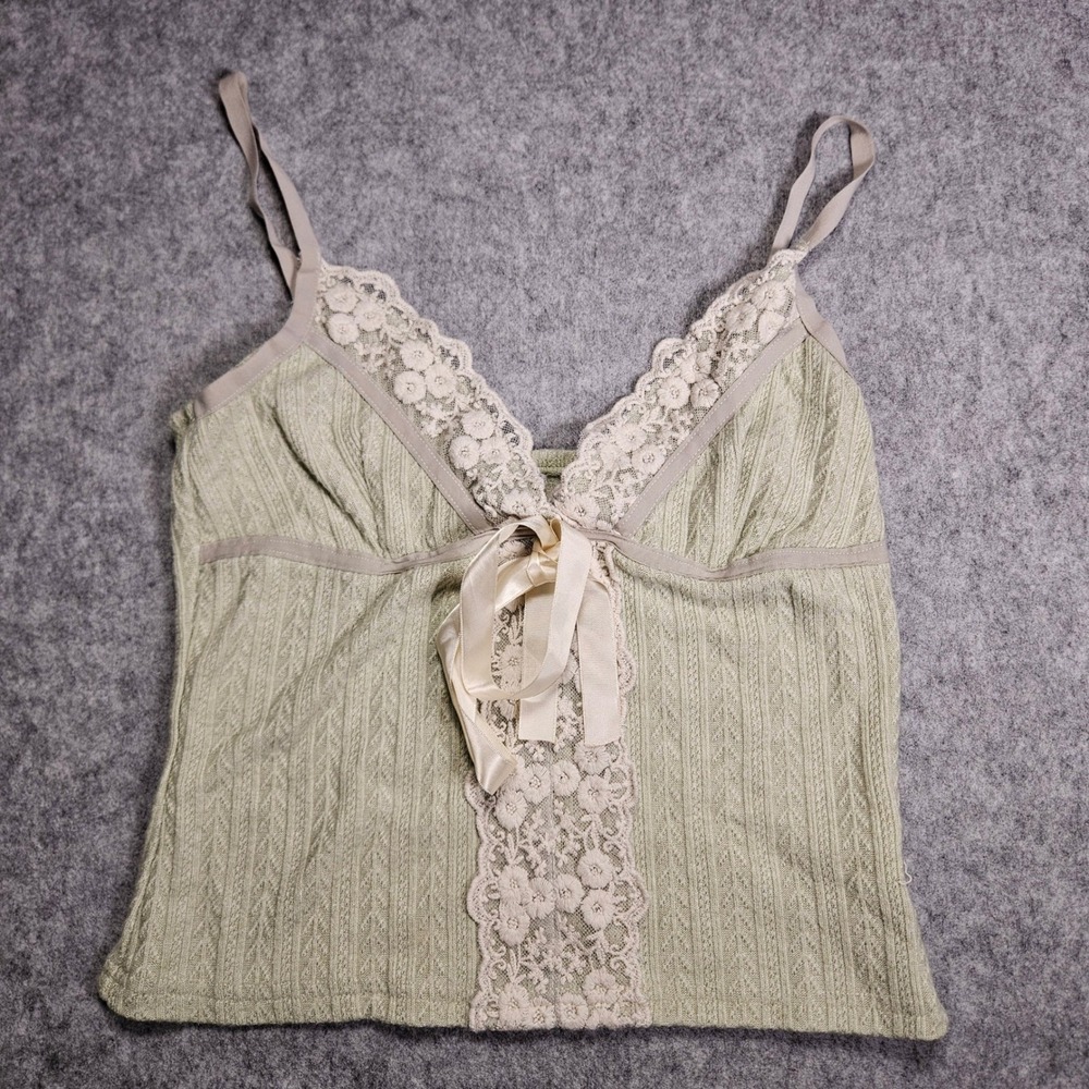 Womens Sage Green Cami Top Pointelle Lace Bow Coquette Fairy Ethereal Y2K Sz S